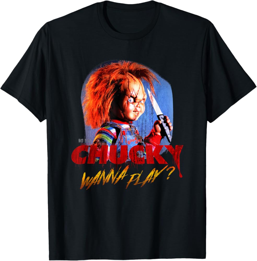 Child's Play CHUCKY 90s Tシャツ Amazon.com: Child's Play Chucky Wanna Play Creepy Portrait T-Shirt